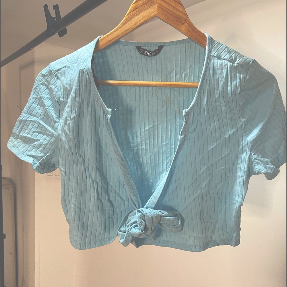 Blue tie front crop top